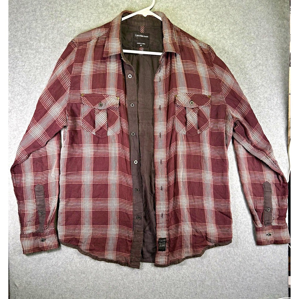 Calvin Klein Jeans Shirt Mens M Button Up Burgundy Gray Plaid LS